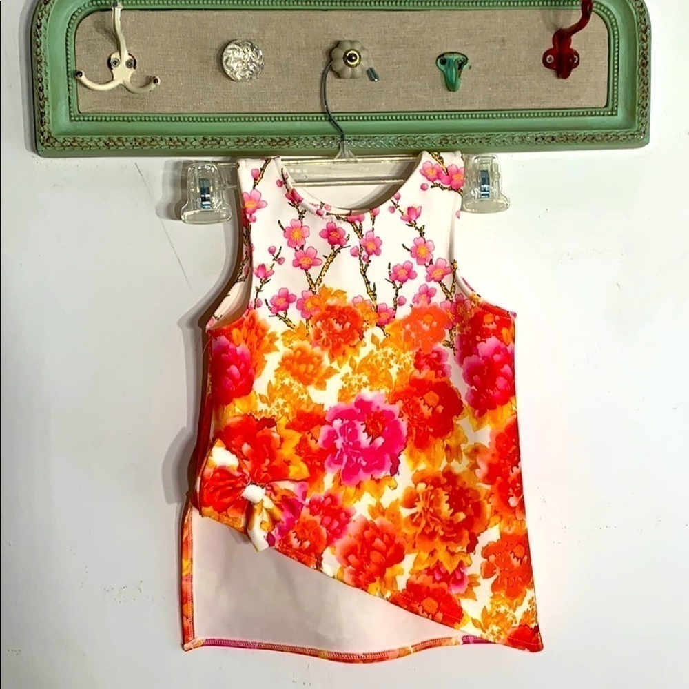 Spring Asymmetrical tank top with Bow bold floral print multicolor girls 4t